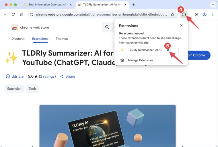 Pin TLDRly Chrome extension